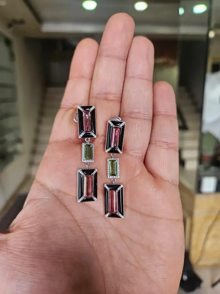 18k White Gold Diamond Dangle Earrings - Natural Tourmaline & Black Onyx Dangle Earrings