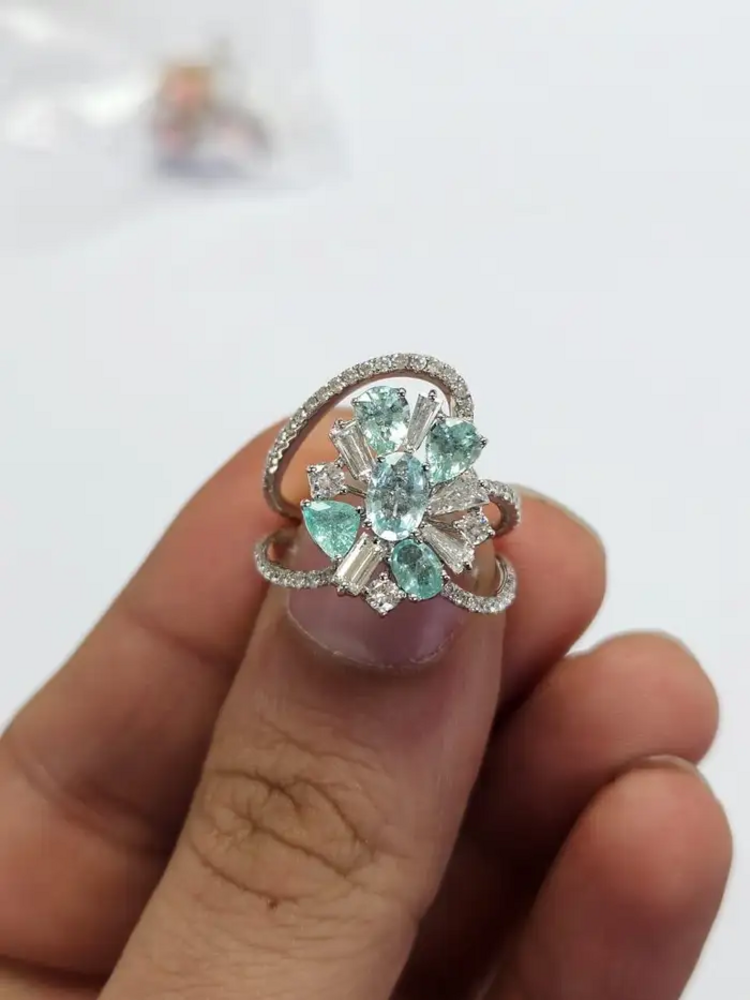 18k White Gold Diamond Engagement Ring - Natural Paraiba Tourmaline Ring