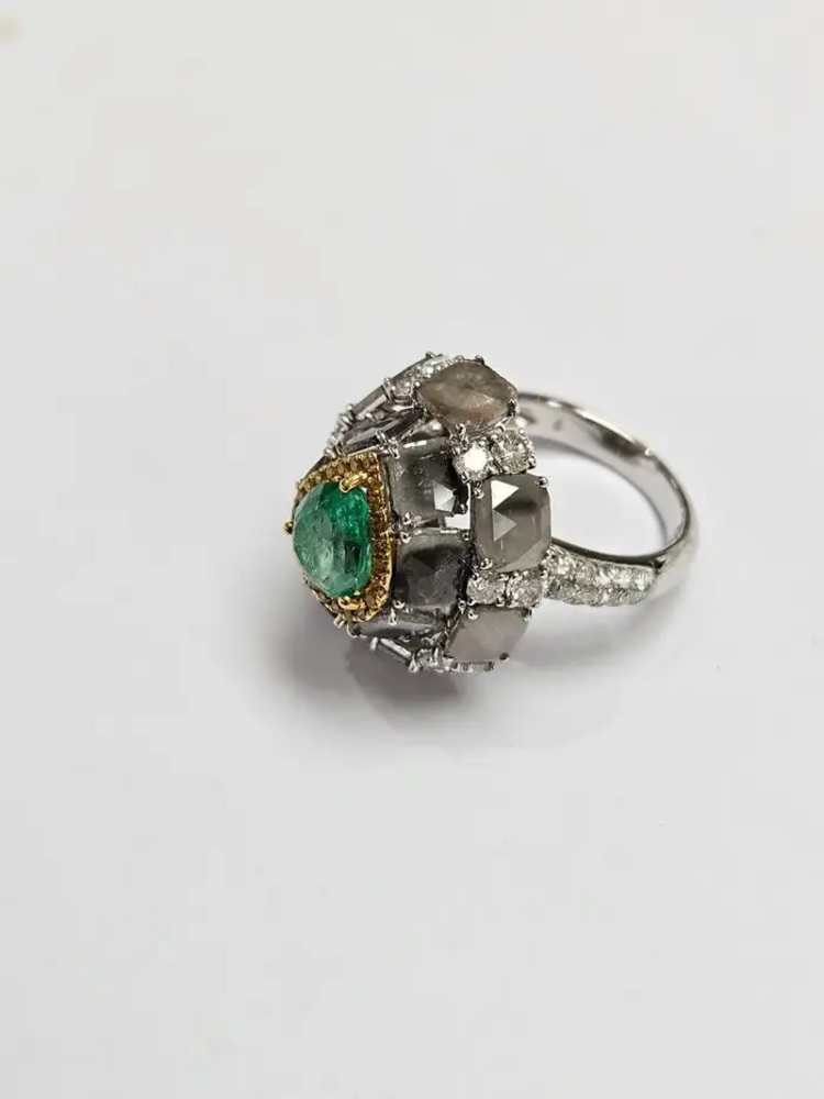 Natural Colombian Emerald & Slice Diamond Wedding Ring - 18k White Gold Ring