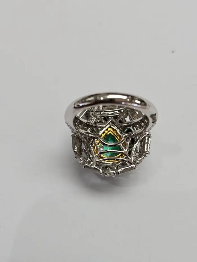 Natural Colombian Emerald & Slice Diamond Wedding Ring - 18k White Gold Ring
