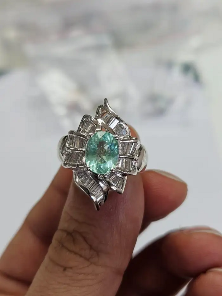 Platinum 900 Diamond Ring - Natural Paraiba Tourmaline Wedding Ring