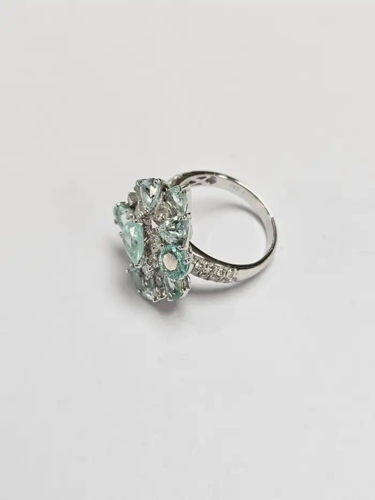 18k White Gold Diamond Wedding Ring - Natural Paraiba Gemstone Ring