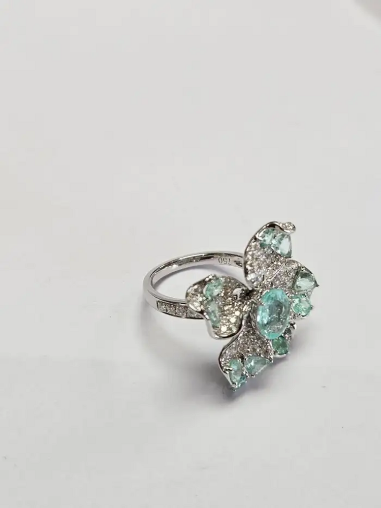 Natural Paraiba Tourmaline & Diamond Wedding Ring - 18k White Gold Engagement Ring