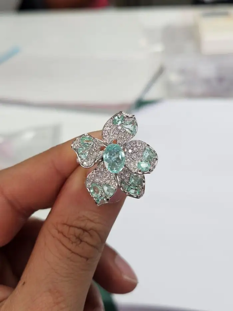 18k White Gold Diamond Cocktail Ring - Natural Paraiba Gemstone Wedding Ring