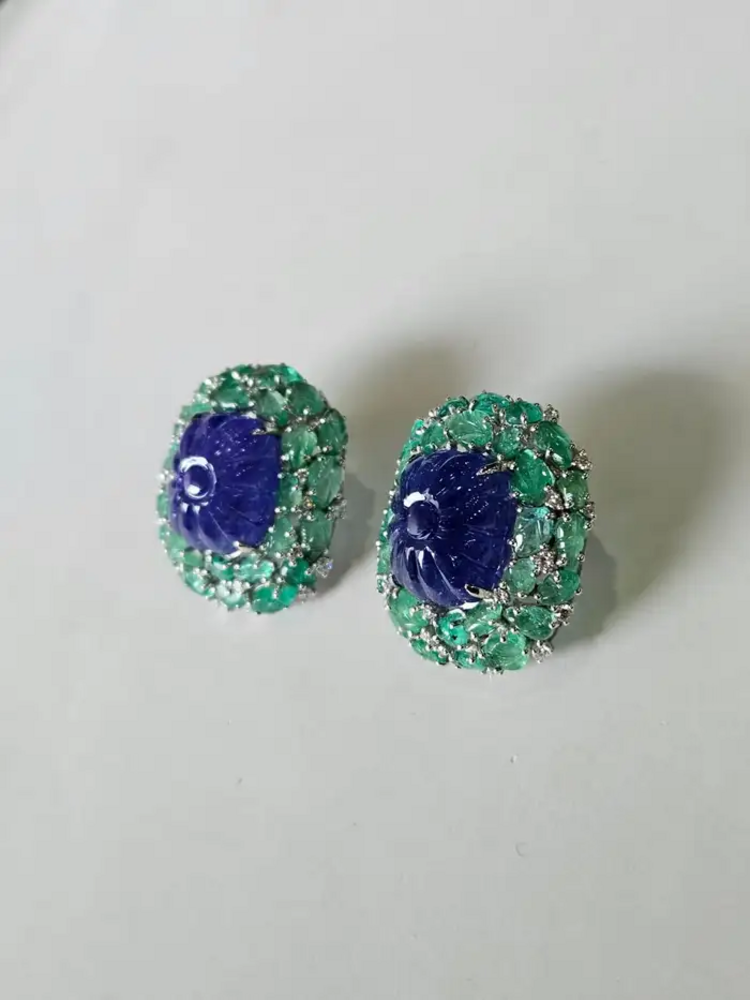 18k White Gold Diamond Stud Earrings - Hand Carved Tanzanite & Zambian Emerald Earrings