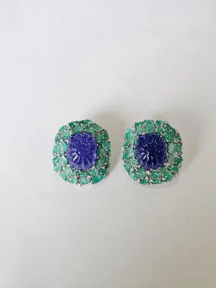 18k White Gold Diamond Stud Earrings - Hand Carved Tanzanite & Zambian Emerald Earrings