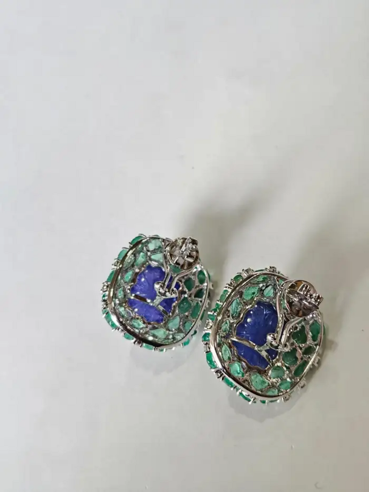 18k White Gold Diamond Stud Earrings - Hand Carved Tanzanite & Zambian Emerald Earrings