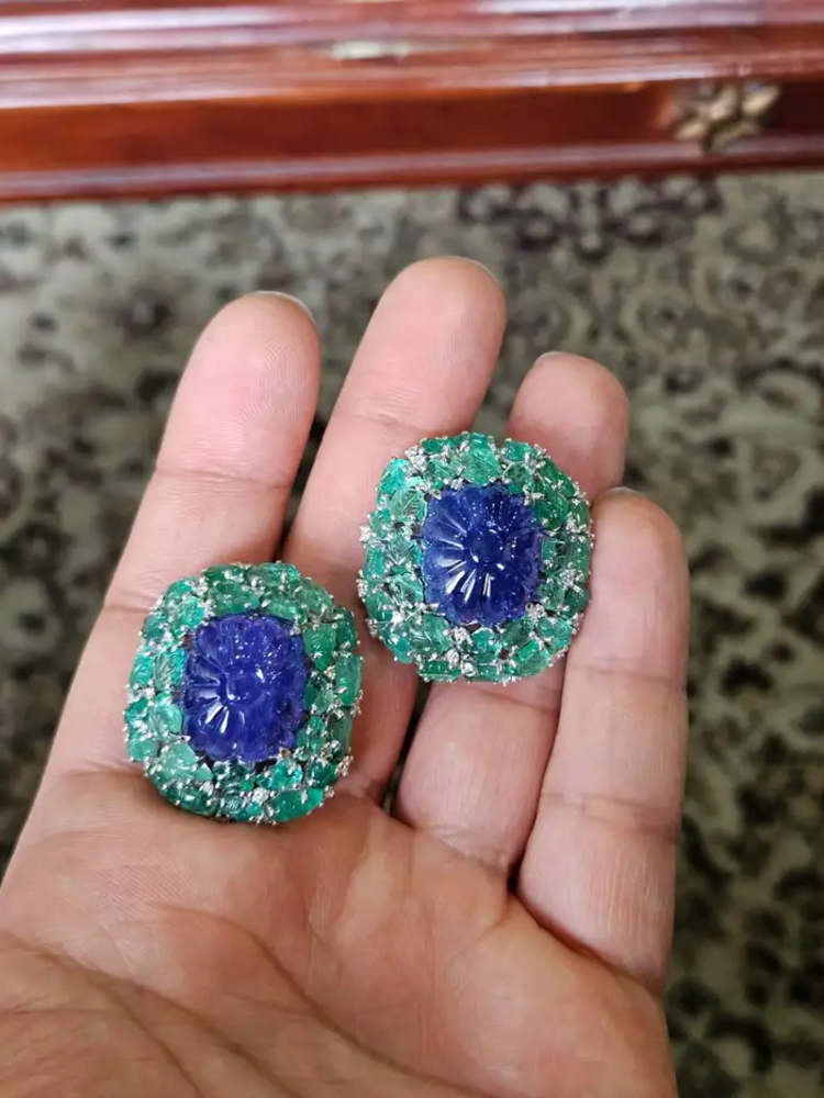 18k White Gold Diamond Stud Earrings - Hand Carved Tanzanite & Zambian Emerald Earrings