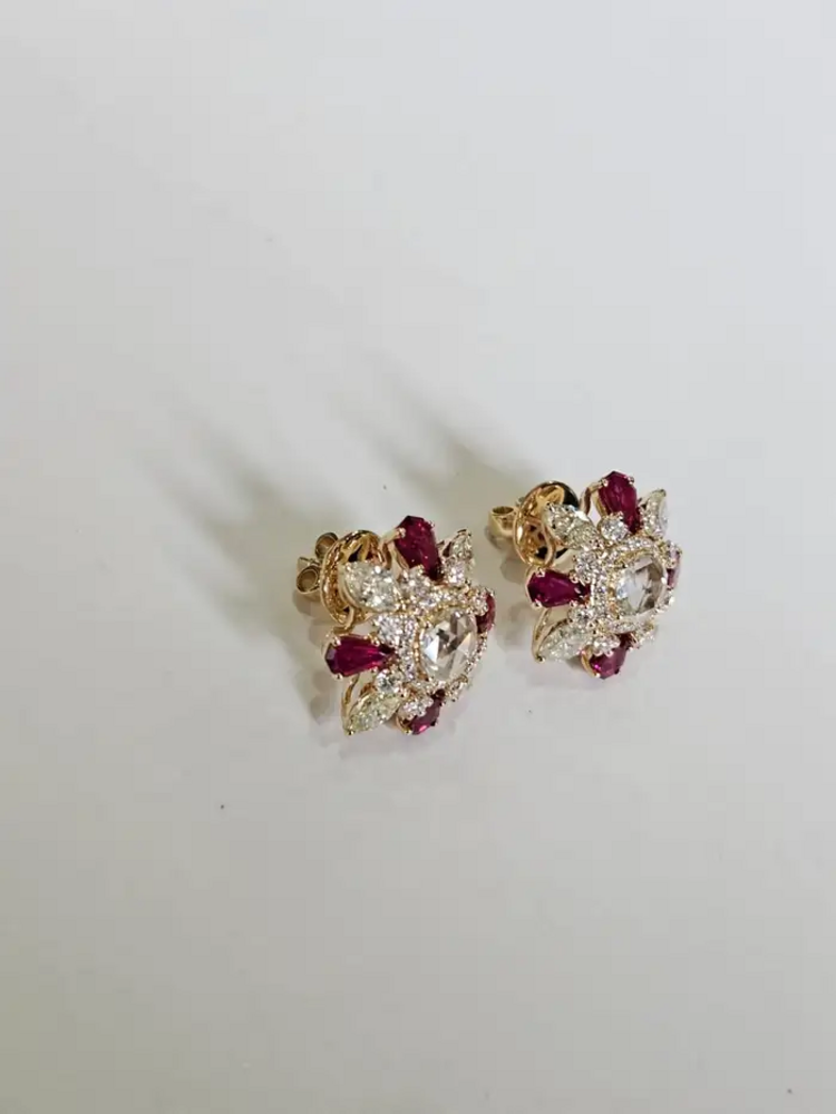 18k Yellow Gold Diamond Stud Earrings - Natural Mozambique Ruby & Rose Cut Diamond Earrings