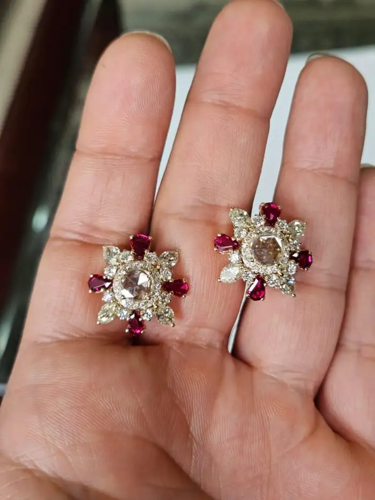 18k Yellow Gold Diamond Stud Earrings - Natural Mozambique Ruby & Rose Cut Diamond Earrings