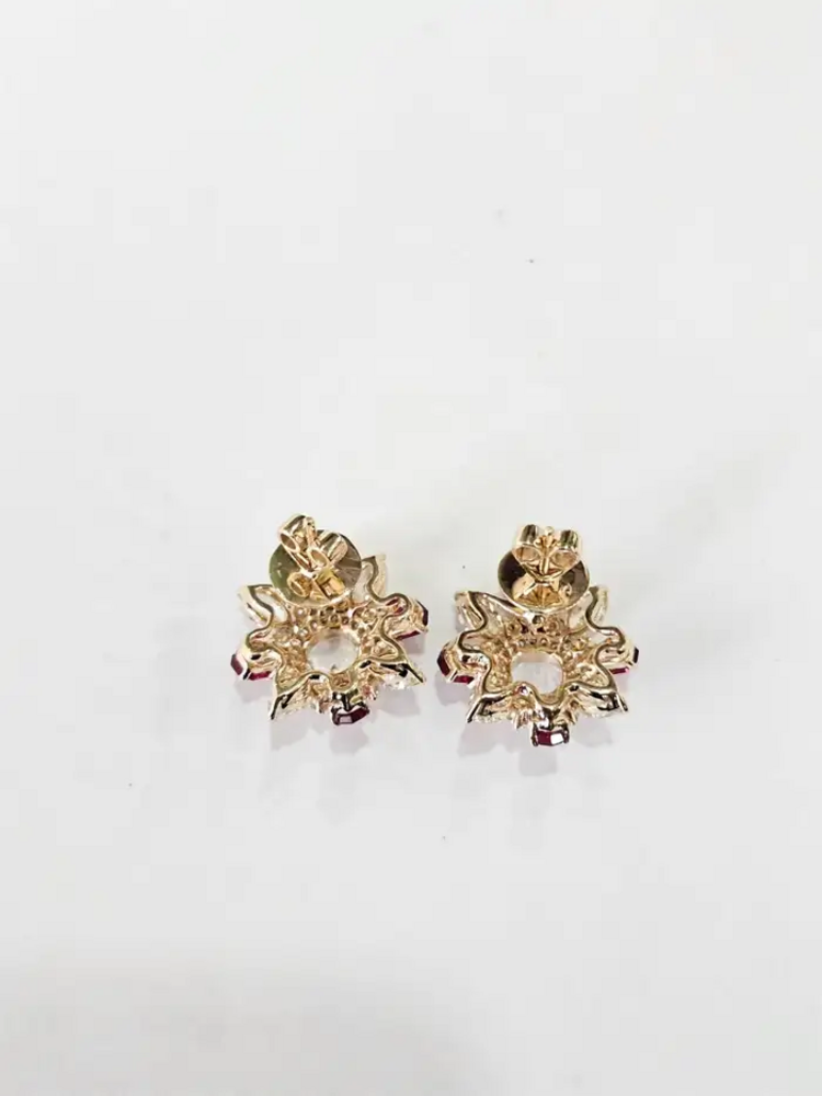 18k Yellow Gold Diamond Stud Earrings - Natural Mozambique Ruby & Rose Cut Diamond Earrings
