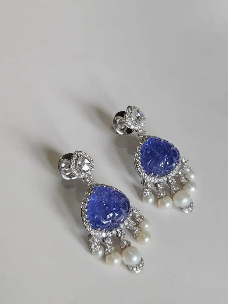 18k White Gold Diamond Dangle Earrings - Natural Tanzanite & Freshwater Pearl Earrings