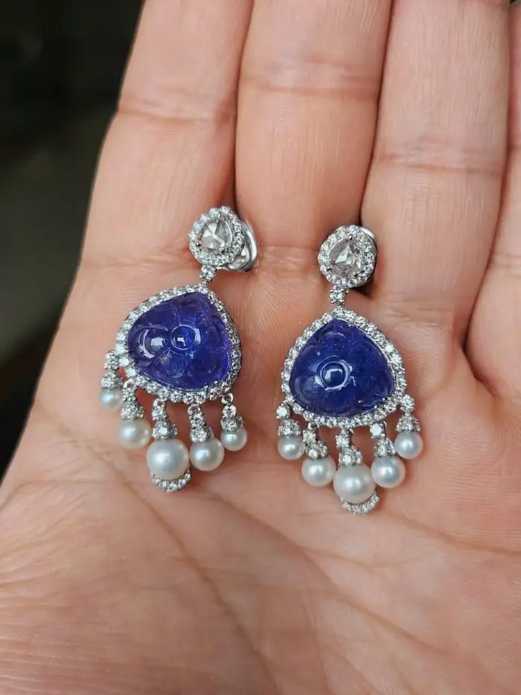 18k White Gold Diamond Dangle Earrings - Natural Tanzanite & Freshwater Pearl Earrings