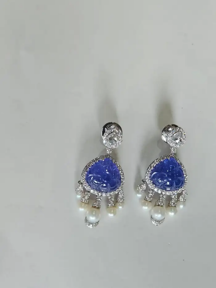18k White Gold Diamond Dangle Earrings - Natural Tanzanite & Freshwater Pearl Earrings