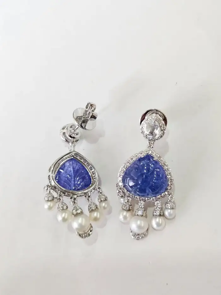 18k White Gold Diamond Dangle Earrings - Natural Tanzanite & Freshwater Pearl Earrings