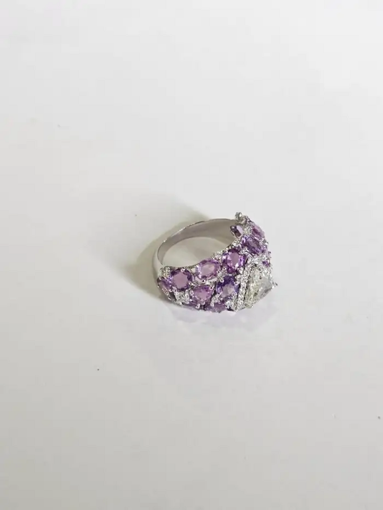 18k White Gold Rose Cut Diamond Ring - Natural Multi Sapphire Wedding Ring