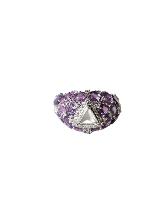 18k White Gold Rose Cut Diamond Ring - Natural Multi Sapphire Wedding Ring