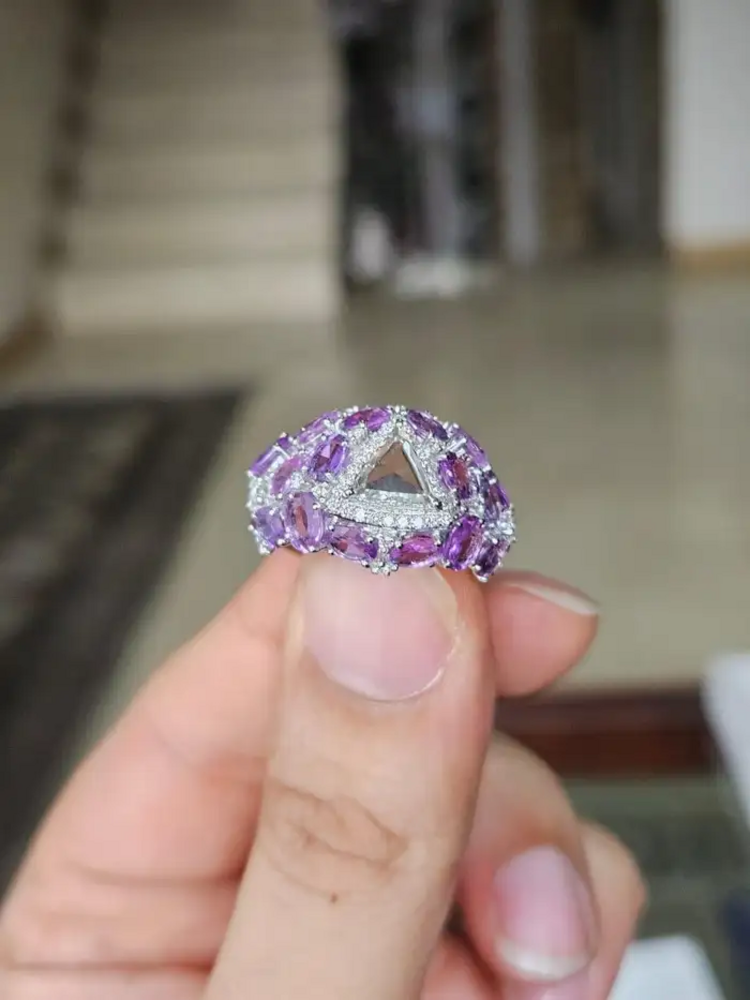 18k White Gold Rose Cut Diamond Ring - Natural Multi Sapphire Wedding Ring