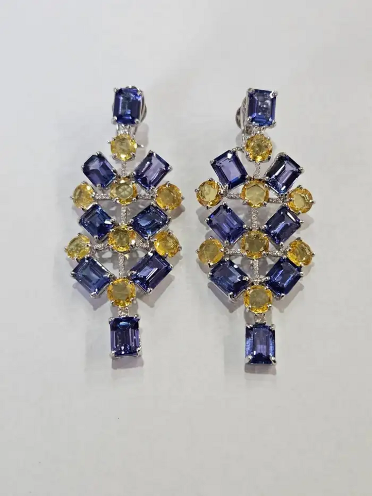 Natural Tanzanite & Yellow Sapphire Dangle Earrings - 18k White Gold Diamond Chandelier Earrings