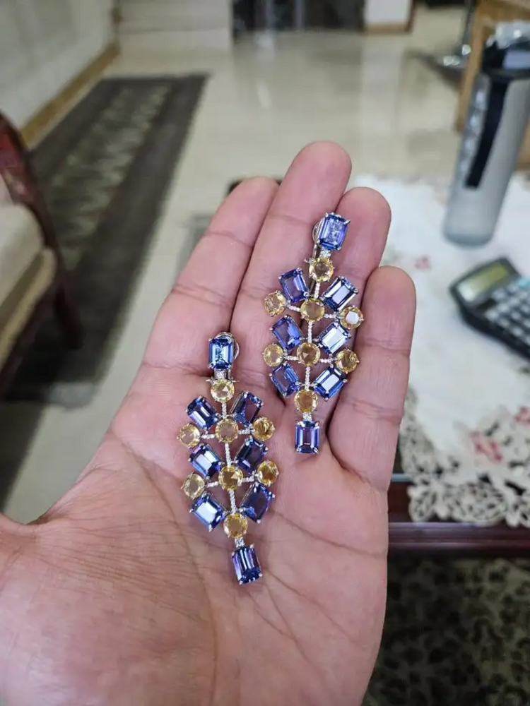 Natural Tanzanite & Yellow Sapphire Dangle Earrings - 18k White Gold Diamond Chandelier Earrings