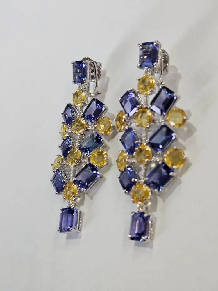 Natural Tanzanite & Yellow Sapphire Dangle Earrings - 18k White Gold Diamond Chandelier Earrings