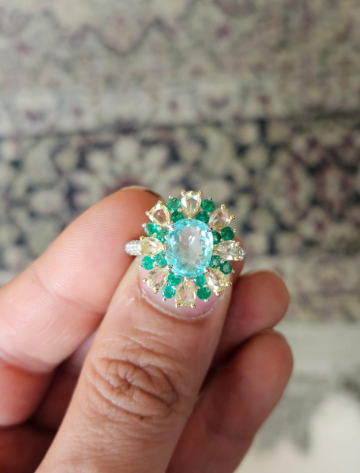 Paraiba Tourmaline Gold Ring / 18k White Gold Diamond Cocktail Ring / Natural Emerald Statement Ring / Gold Diamond Wedding Ring