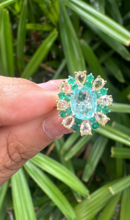 Paraiba Tourmaline Gold Ring / 18k White Gold Diamond Cocktail Ring / Natural Emerald Statement Ring / Gold Diamond Wedding Ring