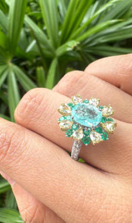 Paraiba Tourmaline Gold Ring / 18k White Gold Diamond Cocktail Ring / Natural Emerald Statement Ring / Gold Diamond Wedding Ring