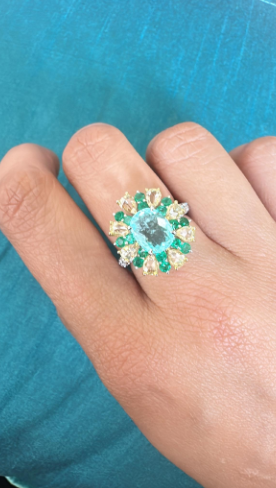 Paraiba Tourmaline Gold Ring / 18k White Gold Diamond Cocktail Ring / Natural Emerald Statement Ring / Gold Diamond Wedding Ring