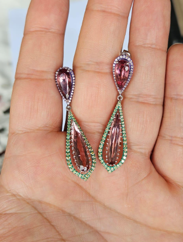 18k Gold Dangle Earrings / Natural Tourmaline & Diamond Drop Dangle Earrings / Best Anniversary Gift Jewelry