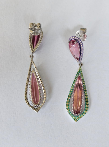 18k Gold Dangle Earrings / Natural Tourmaline & Diamond Drop Dangle Earrings / Best Anniversary Gift Jewelry
