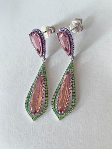 18k Gold Dangle Earrings / Natural Tourmaline & Diamond Drop Dangle Earrings / Best Anniversary Gift Jewelry