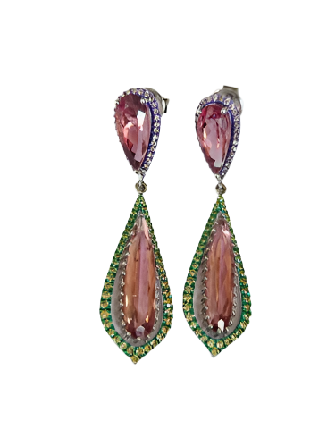 18k Gold Dangle Earrings / Natural Tourmaline & Diamond Drop Dangle Earrings / Best Anniversary Gift Jewelry