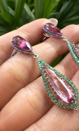 18k Gold Dangle Earrings / Natural Tourmaline & Diamond Drop Dangle Earrings / Best Anniversary Gift Jewelry
