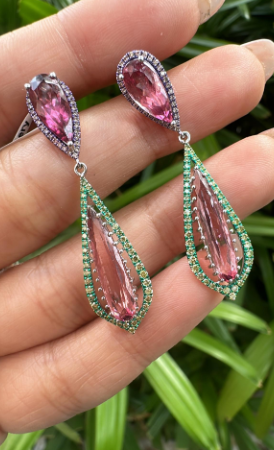 18k Gold Dangle Earrings / Natural Tourmaline & Diamond Drop Dangle Earrings / Best Anniversary Gift Jewelry