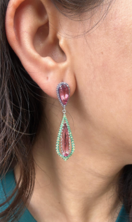18k Gold Dangle Earrings / Natural Tourmaline & Diamond Drop Dangle Earrings / Best Anniversary Gift Jewelry