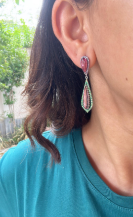 18k Gold Dangle Earrings / Natural Tourmaline & Diamond Drop Dangle Earrings / Best Anniversary Gift Jewelry