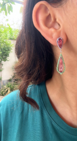 18k Gold Dangle Earrings / Natural Tourmaline & Diamond Drop Dangle Earrings / Best Anniversary Gift Jewelry