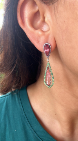 18k Gold Dangle Earrings / Natural Tourmaline & Diamond Drop Dangle Earrings / Best Anniversary Gift Jewelry