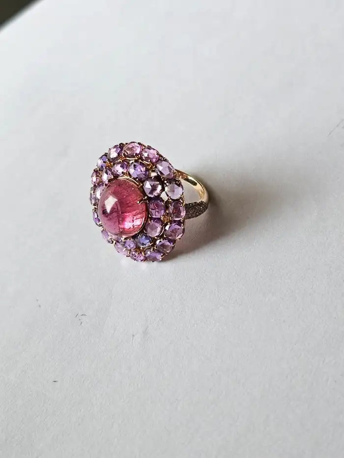 18K Gold, 8.13 carats, Tourmaline, Multi Sapphire & Diamond Cocktail Ring