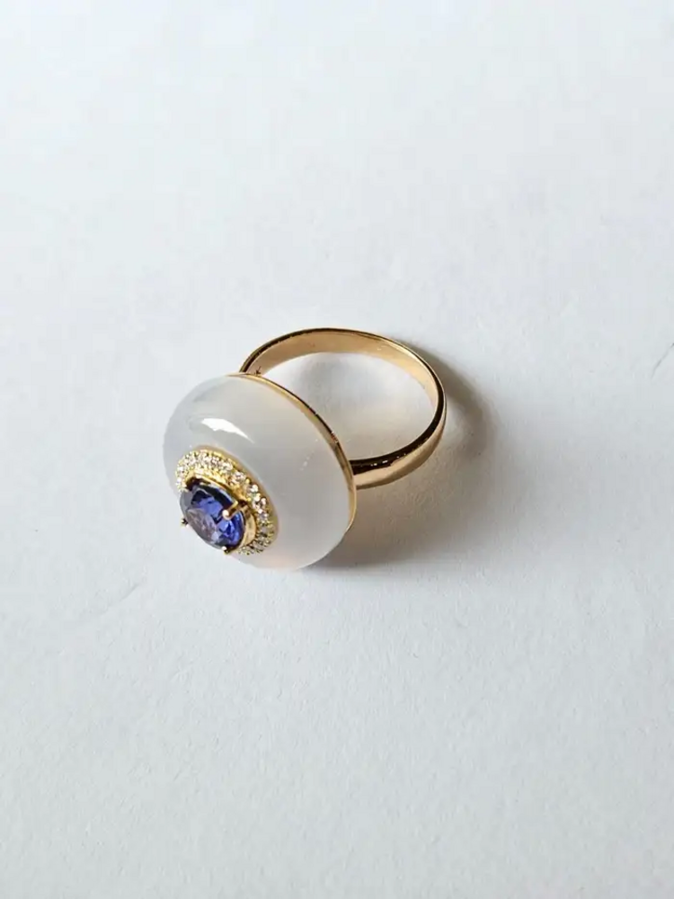 Natural Tanzanite & Chalcedony Gold Ring - 18k Yellow Gold Diamond Cocktail Ring