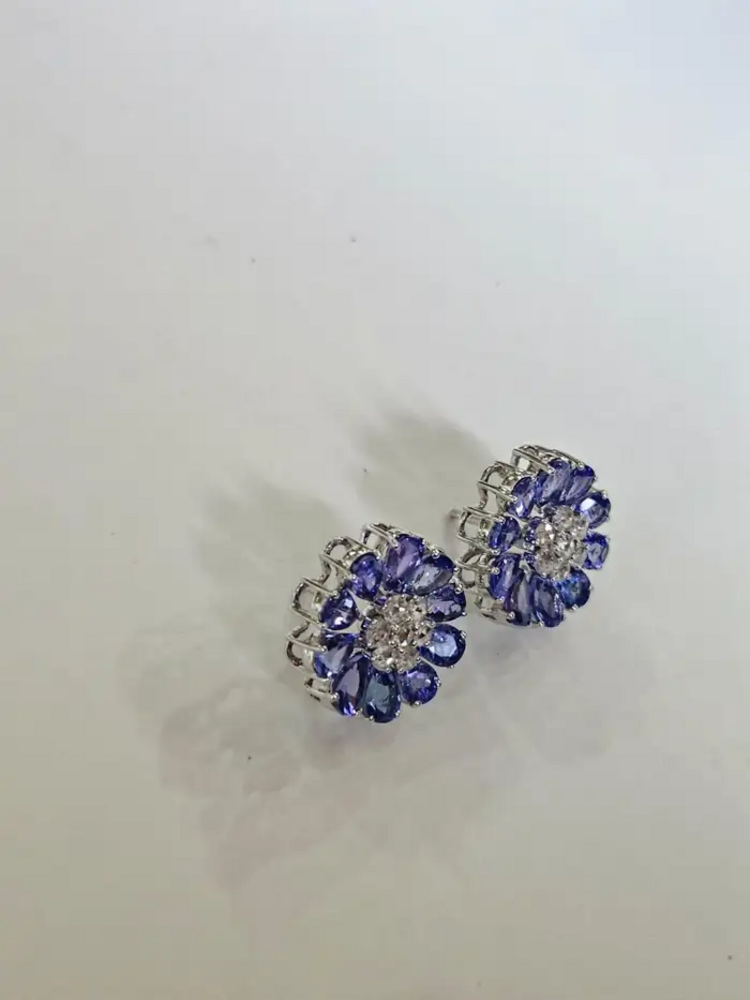 18k White Gold Diamond Stud Earrings - Natural Tanzanite & Rose Cut Diamonds Earrings