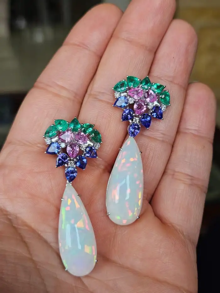 18k White Gold Diamond Dangle Earrings - Natural Zambian Emerald, Ethiopian Opal, Tanzanite & Pink Sapphire Earrings