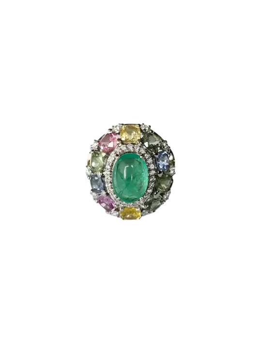 18k White Gold Handmade Diamond Ring - Natural Multi Sapphire, Colombian Emerald Dome Ring