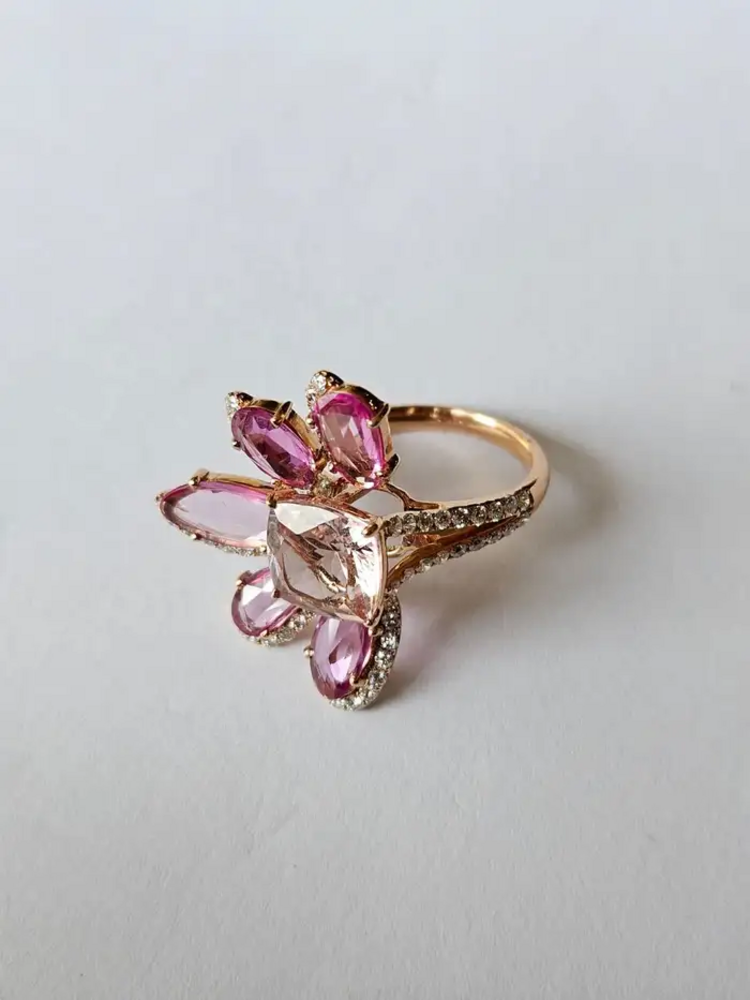 18k Rose Gold Diamond Wedding Ring With Morganite & Pink Sapphire Gemstone