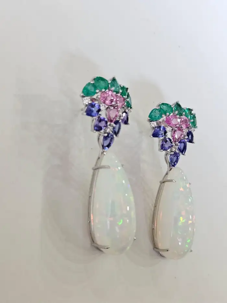 18k White Gold Diamond Dangle Earrings - Natural Zambian Emerald, Ethiopian Opal, Tanzanite & Pink Sapphire Earrings