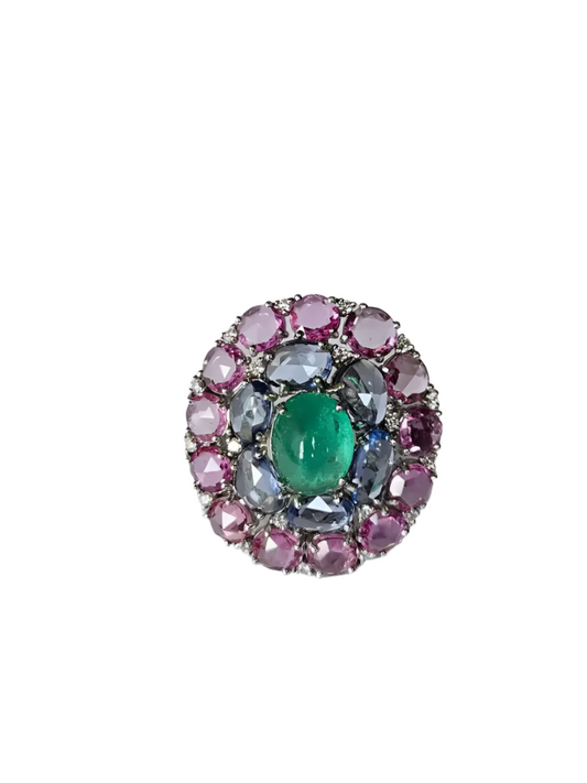 Colombian Emerald & Diamond Cocktail Ring - 18k White Gold Pink & Blue Sapphire Statement Ring