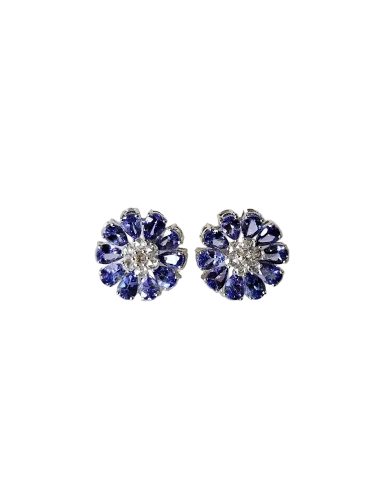 18k White Gold Diamond Stud Earrings - Natural Tanzanite & Rose Cut Diamonds Earrings