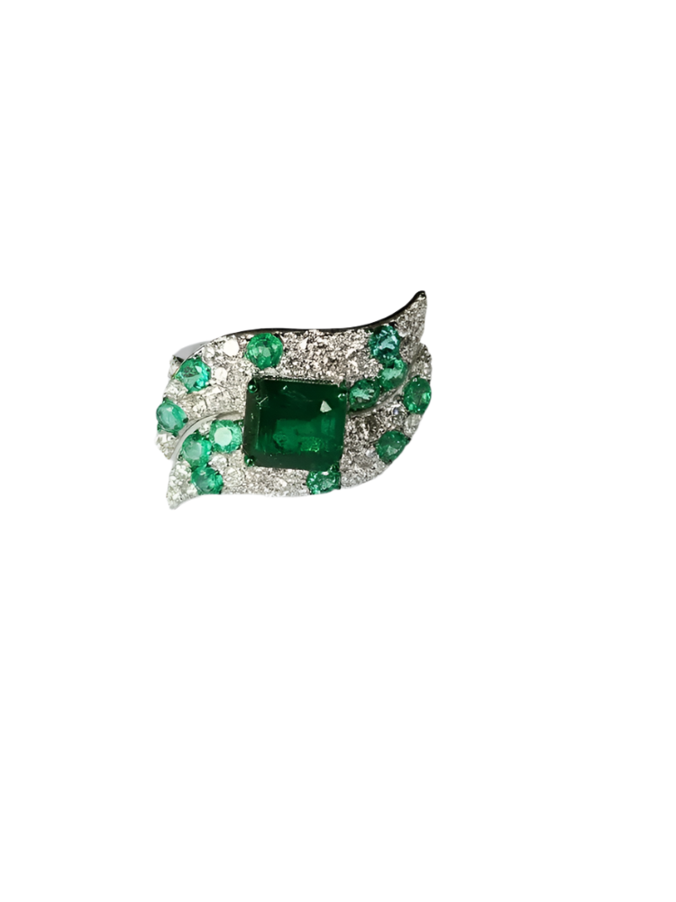 18k White Gold 1.17 Ct. Diamond Engagement Ring Natural Zambian Emerald Gemstone Women Jewelry