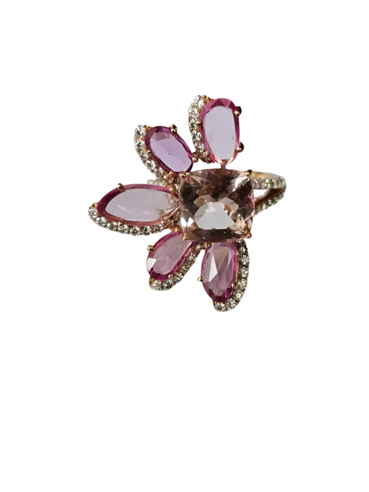 18k Rose Gold Diamond Wedding Ring With Morganite & Pink Sapphire Gemstone